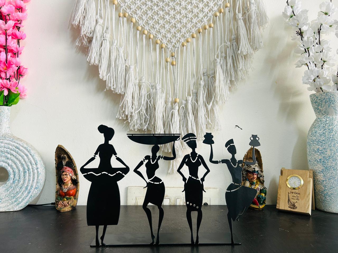 Tribal Art Metal Table Standy | Handcrafted Village Dance Décor Showpiece